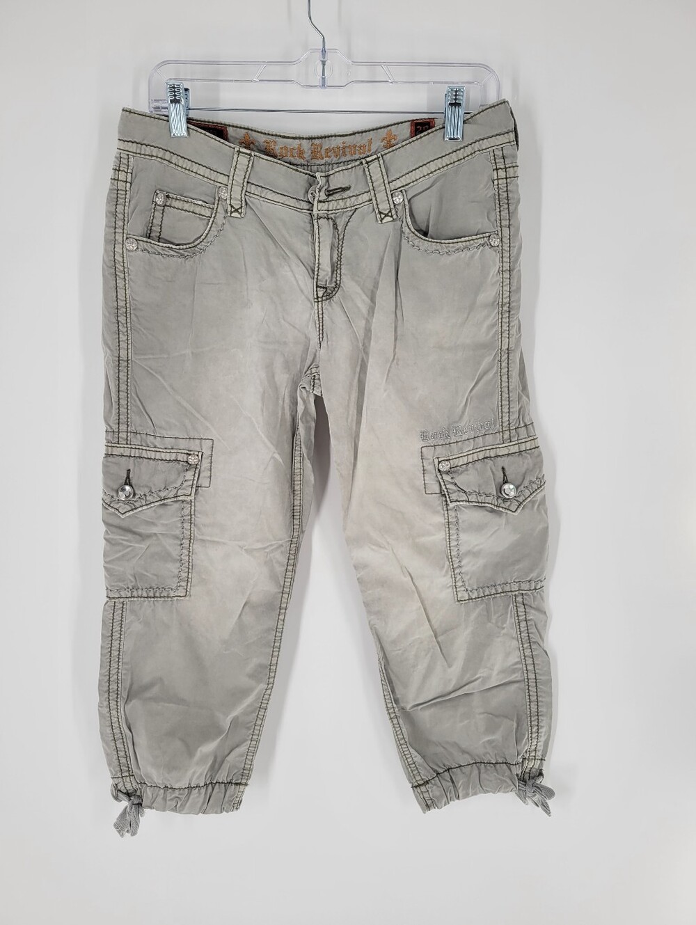 Rock Revival Women's Light Gray Cargo Capri Pants Size 28
